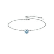Heart Anklet Bracelet for Women March Blue Aquamarine Sterling Silver Anklet Summer Beach Foot Jewelry for Her Wife Daughter Mom